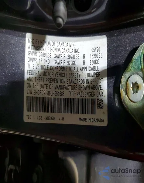 2020 Honda Civic Sport из США, поврежденный, VIN 2HGFC2F86LH551688